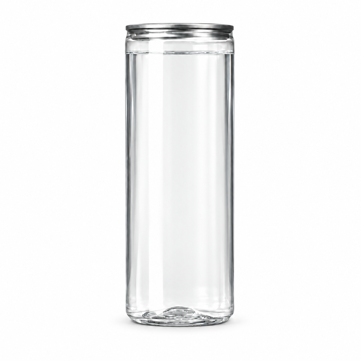 Blank transparent slim can with a metallic lid, showing the container style available to preview with a hospitality logo